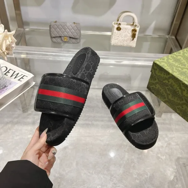 Gucci GG Marmont Slide Sandals Beige Canvas with Web Stripe Slippers - 3