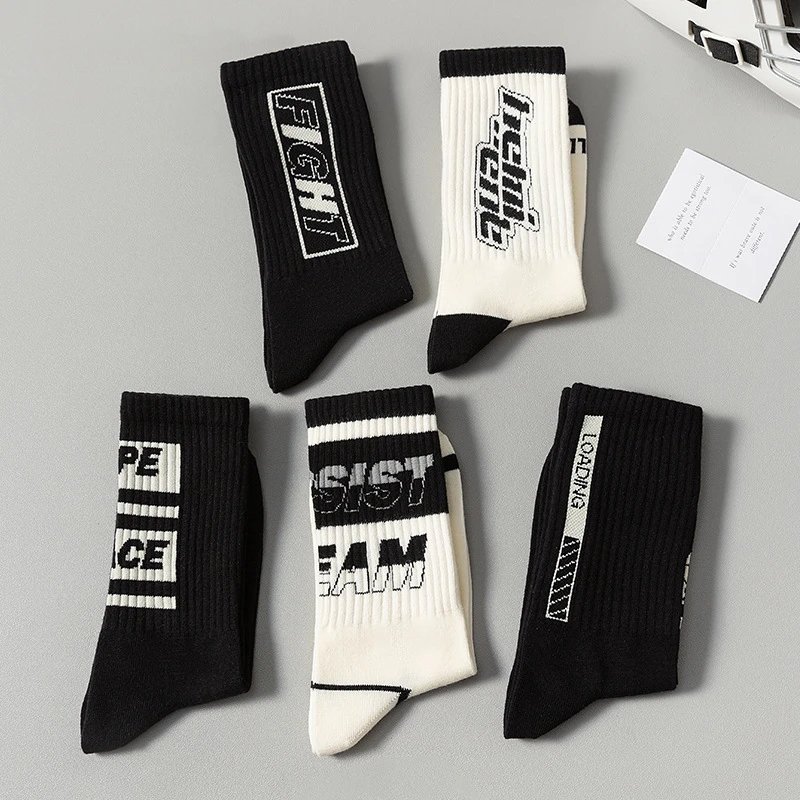 Cotton Crew Socks Black White Graphic Street Style