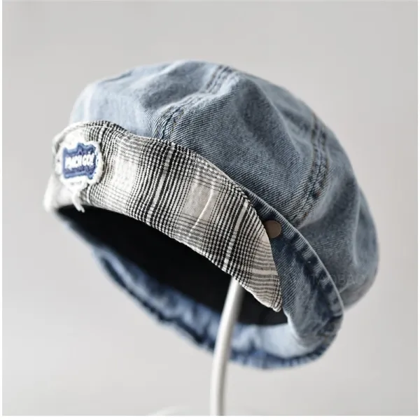 Design Denim Beret with Plaid Trim and Embroidered Patch Hat Hats - 1