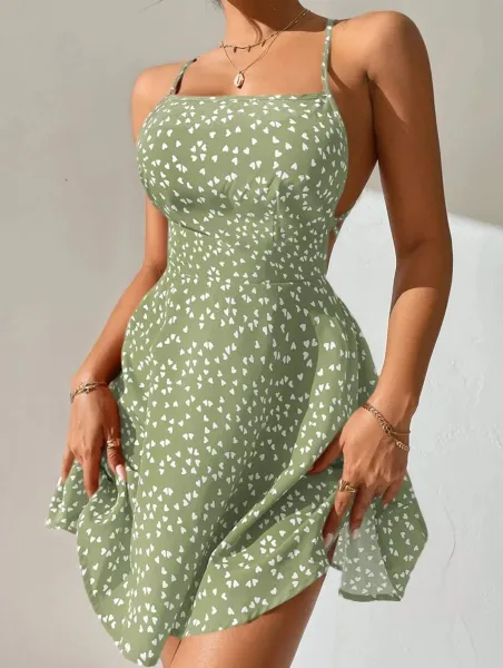 Design Floral Print Heart Pattern Spaghetti Strap A-Line Dress - 10