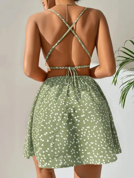 Design Floral Print Heart Pattern Spaghetti Strap A-Line Dress - 11