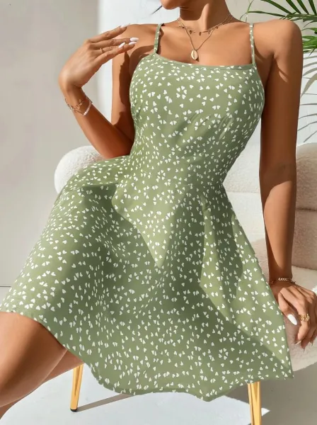 Design Floral Print Heart Pattern Spaghetti Strap A-Line Dress - 13