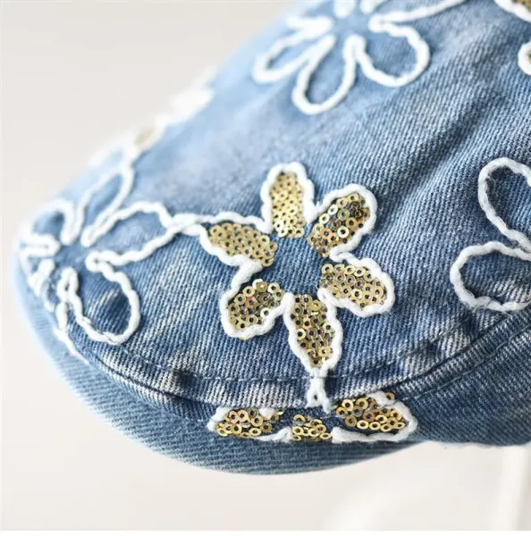 Design Floral Embroidered Denim Flat Cap Black Hats - 2