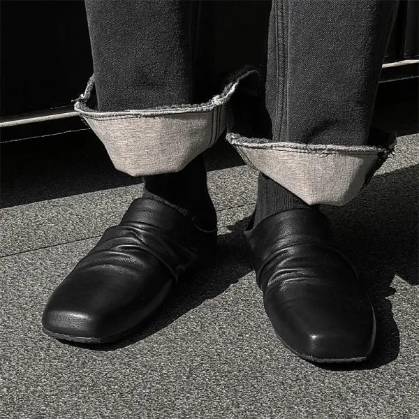 Design Square-Toe Loafers Black Leather Casual Shoes - 1