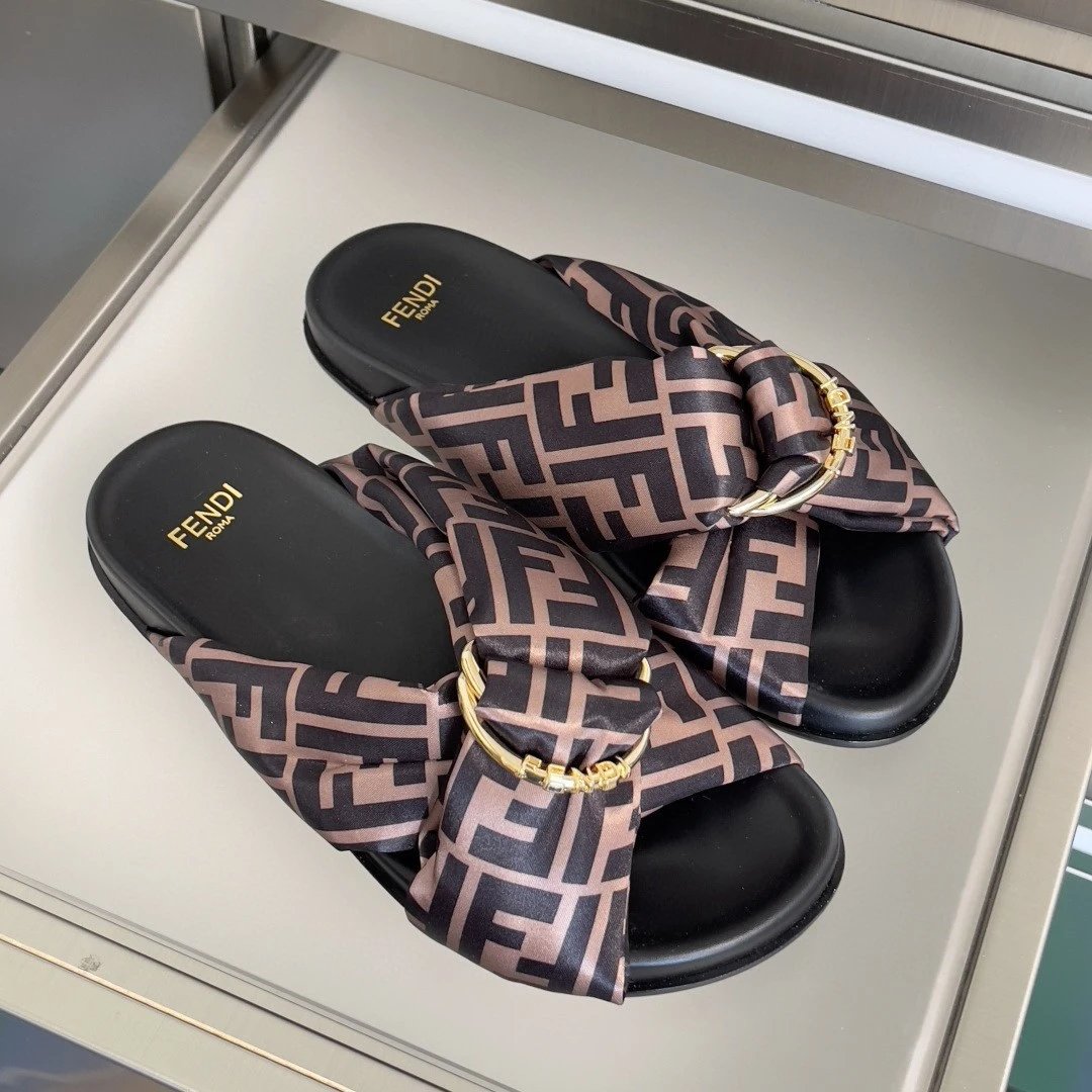 Fendi FF Logo Bow Slide Sandals Yellow and Beige Slippers - 3