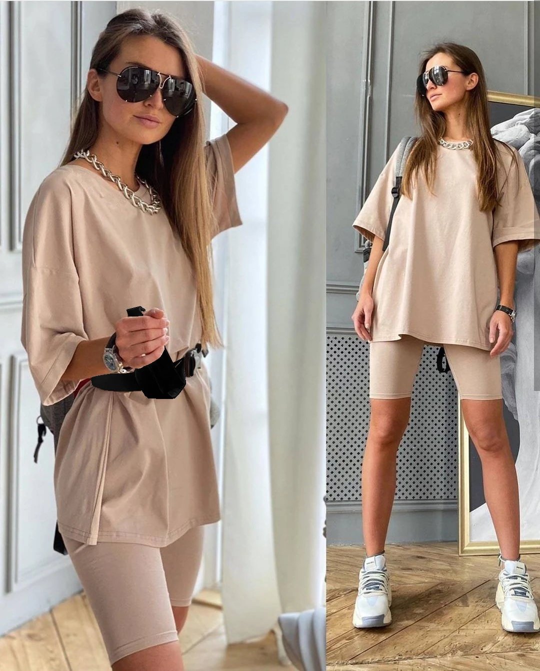 Essentials Oversized T-Shirt and Biker Shorts Set Sage Green Activewear - 7