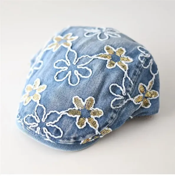 Design Floral Embroidered Denim Flat Cap Black Hats - 4