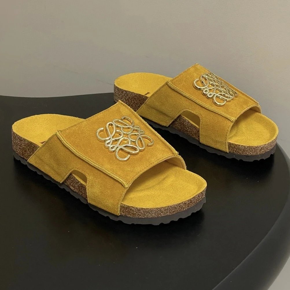 Loewe Anagram Suede Slide Sandals Yellow Slippers