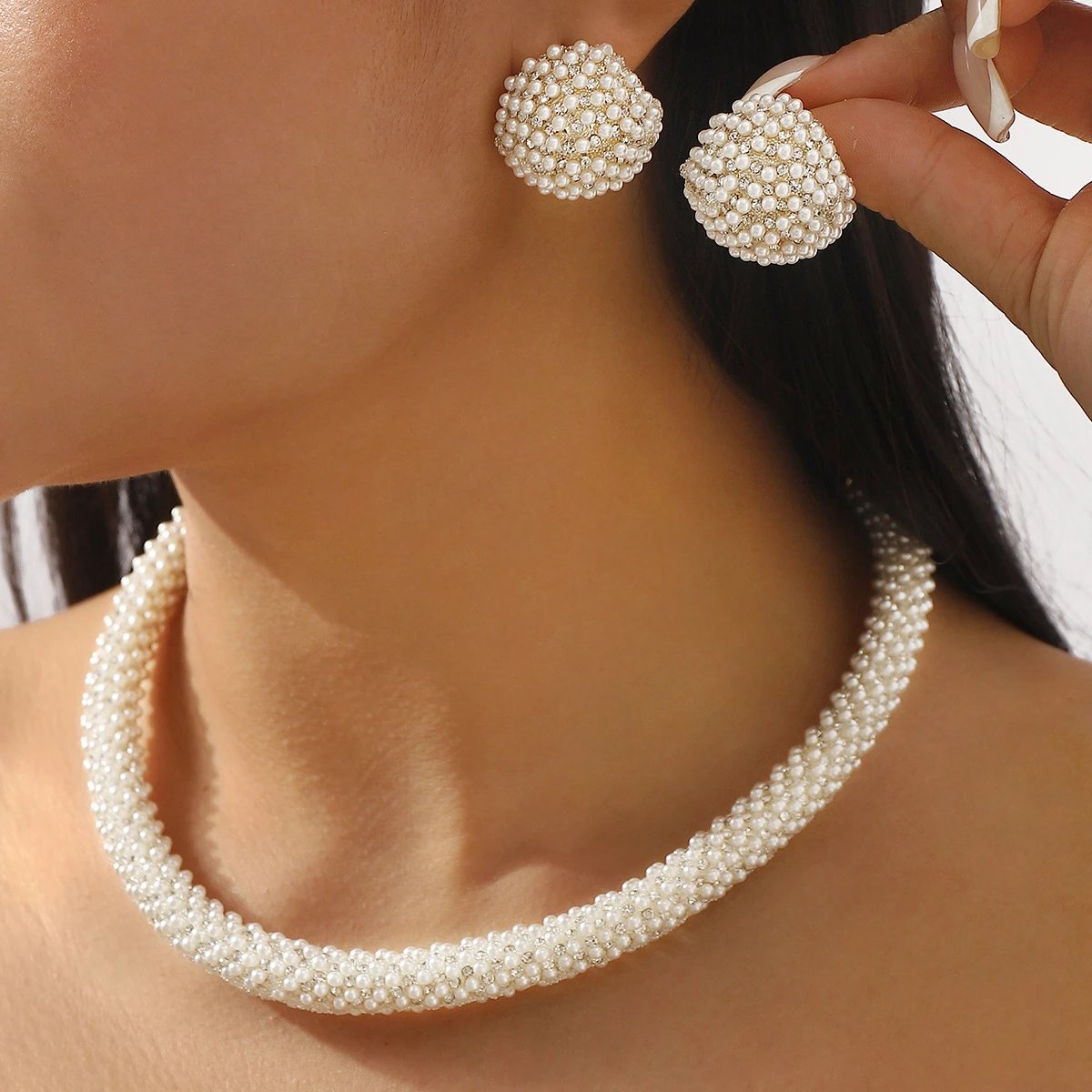 Pearl Beaded Hoop Earrings And Choker Necklace Set White Vintage