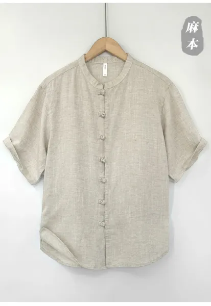Design Mandarin Collar Linen Shirt Beige Tops.shirt - 11