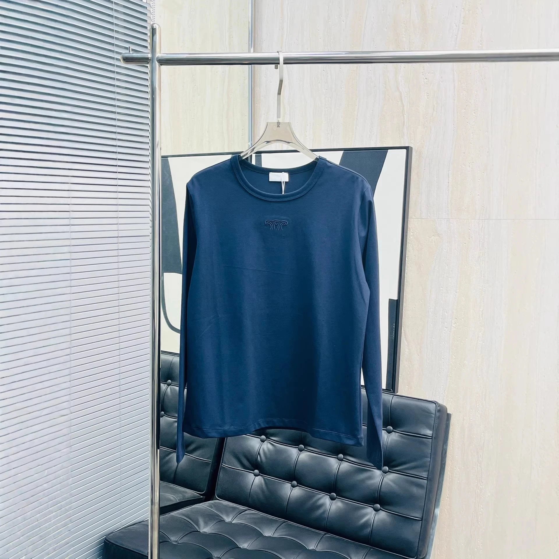 Cotton Long Sleeve T-Shirt Beige Navy Embroidered Minimalist