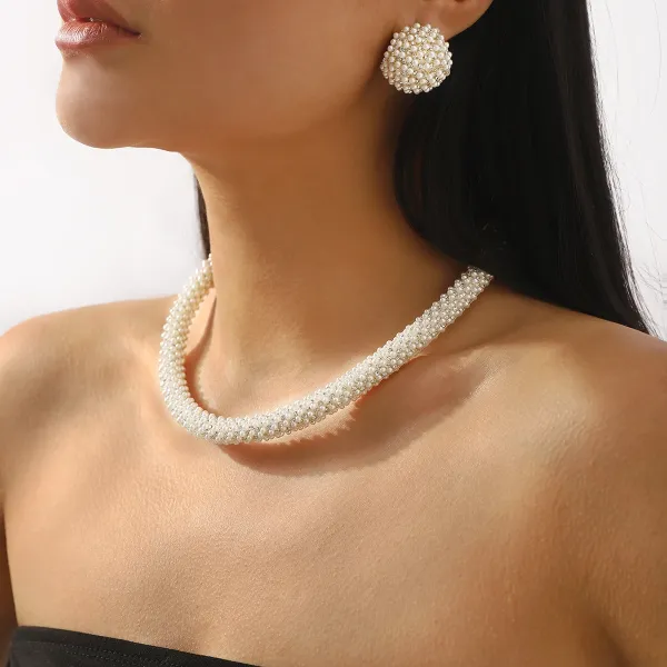 Design Pearl Cluster Necklace and Earrings Set White Jewelry - 6