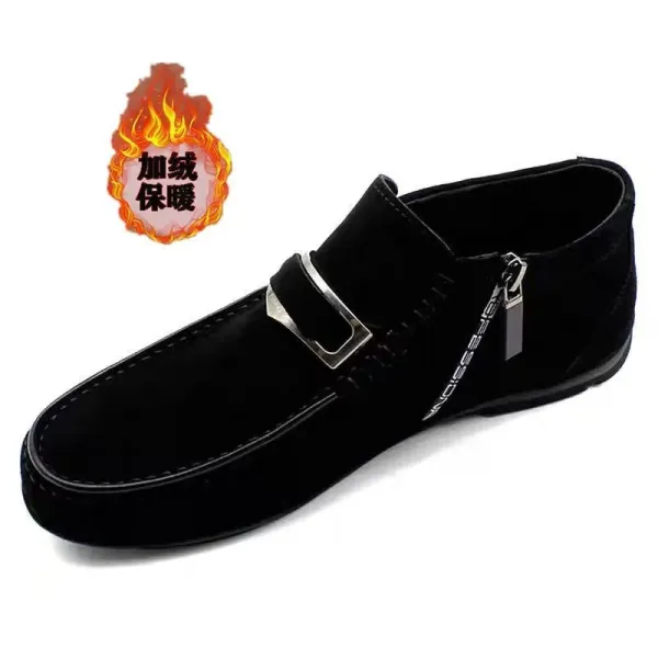 Design Black Faux Suede Loafer with Side Zip and Buckle Detail - 1