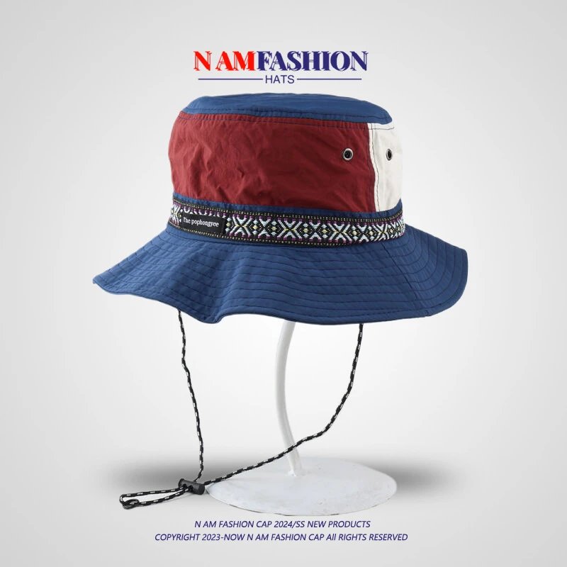 Design N AM Fashion Patchwork Bucket Hat Navy Red White Hats