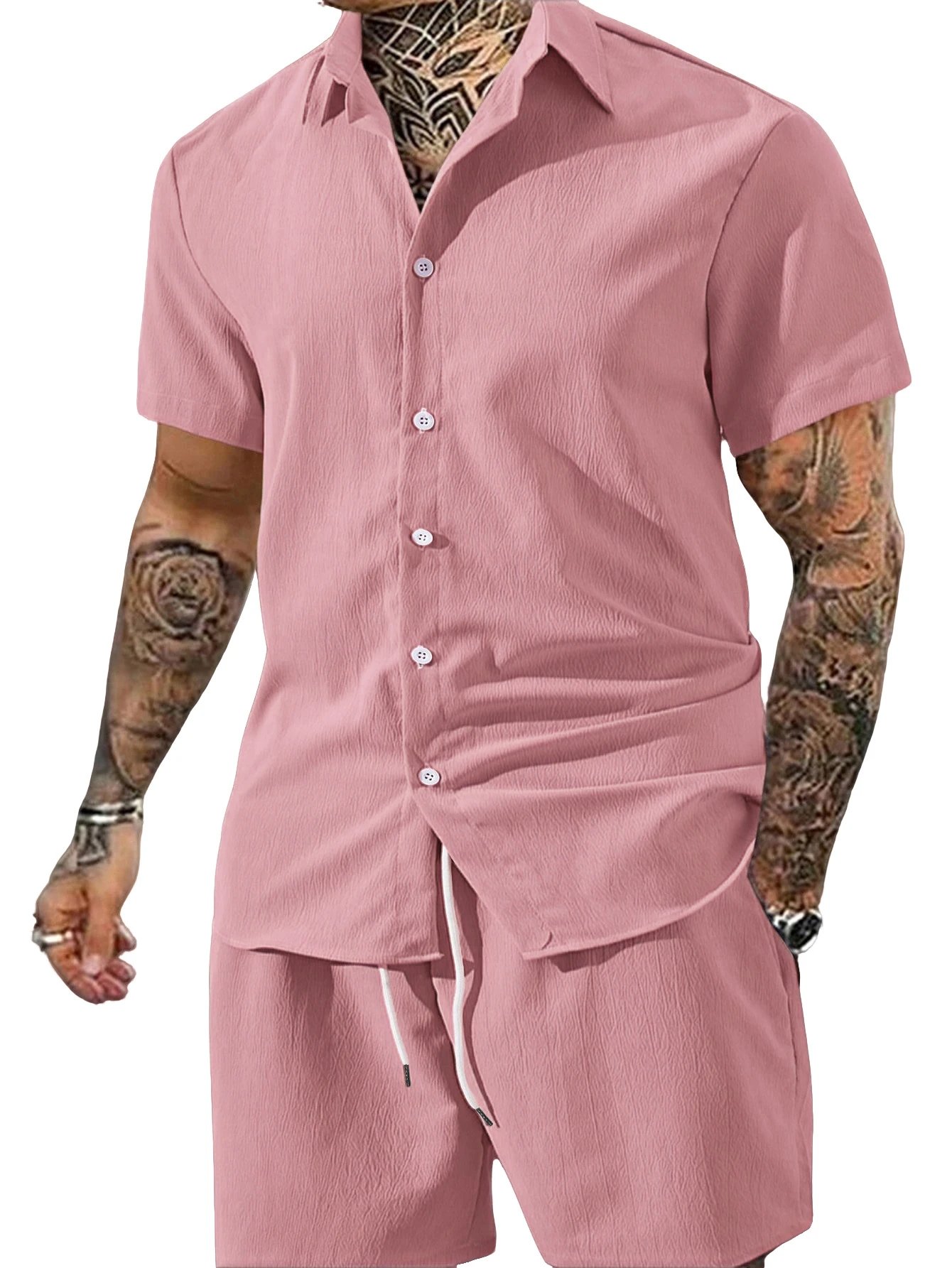 Design Lightweight Linen-Blend Shirt and Shorts Set Beige Casual Set - 7