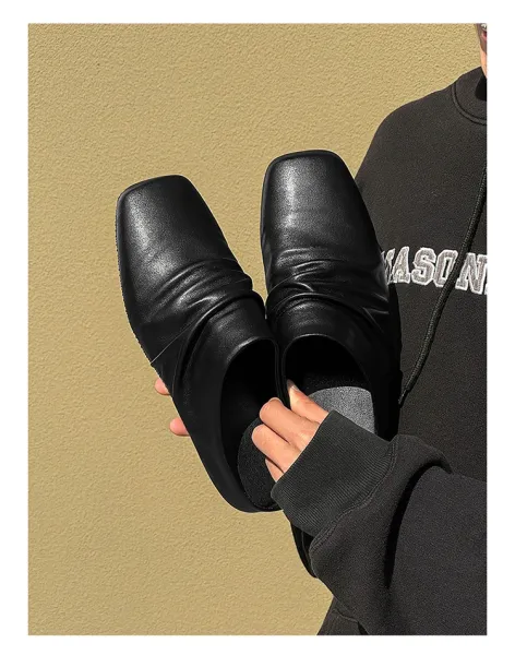 Design Square-Toe Leather Mule Black Shoes Slippers - 6