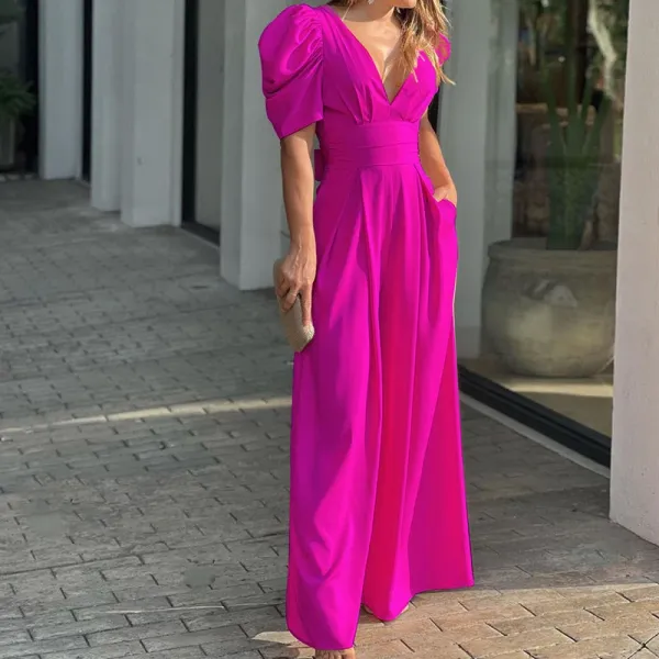 Design Puffed Sleeve V-Neck Lime Green Maxi Dress - 9