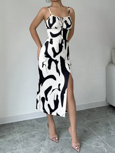 Design Abstract Print Slit Midi Dress in Black and White - 12