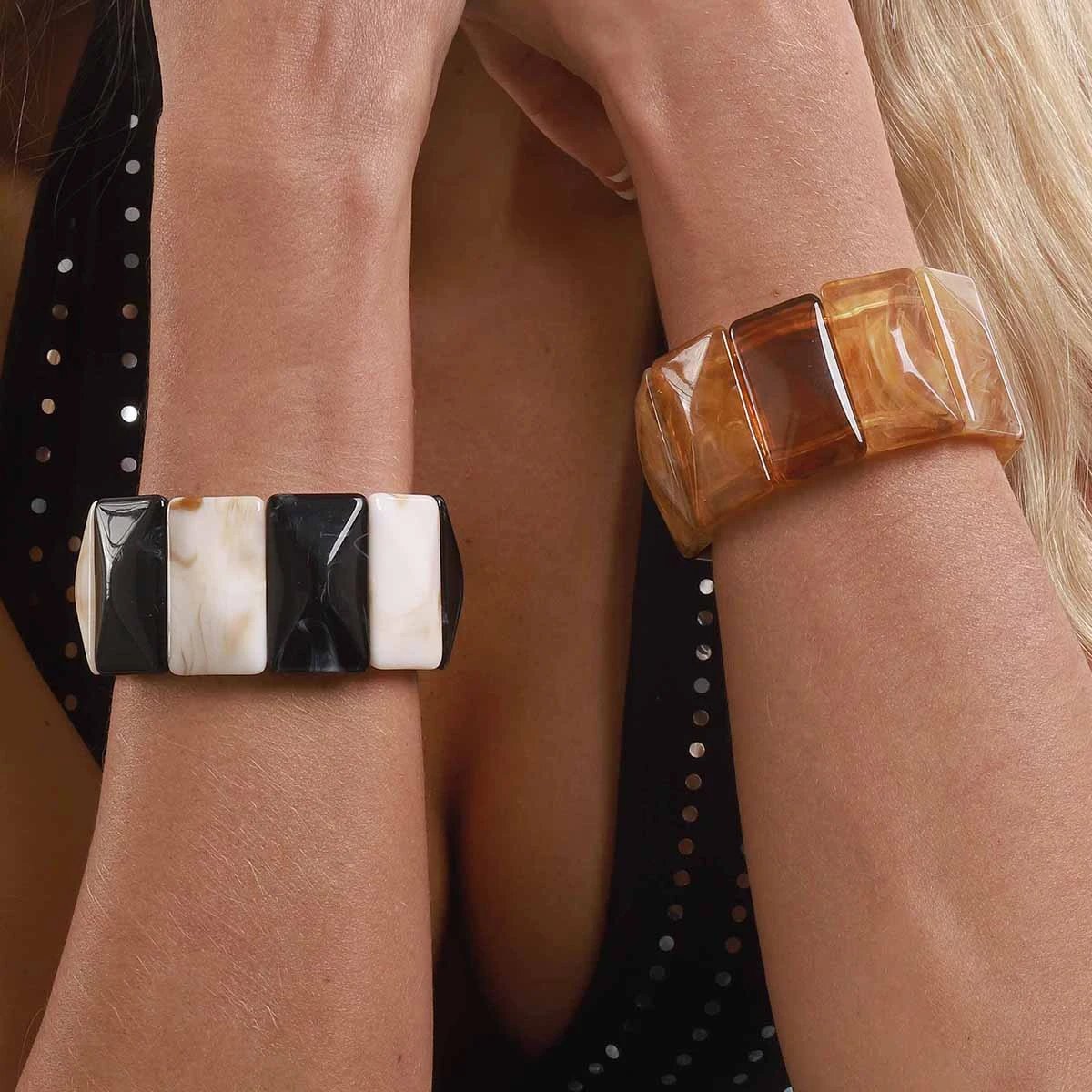 Design Studded Two-Tone Cuff Bracelet Gold Silver Jewelry - 29