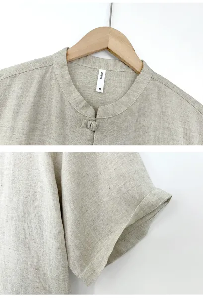 Design Mandarin Collar Linen Shirt Beige Tops.shirt - 12