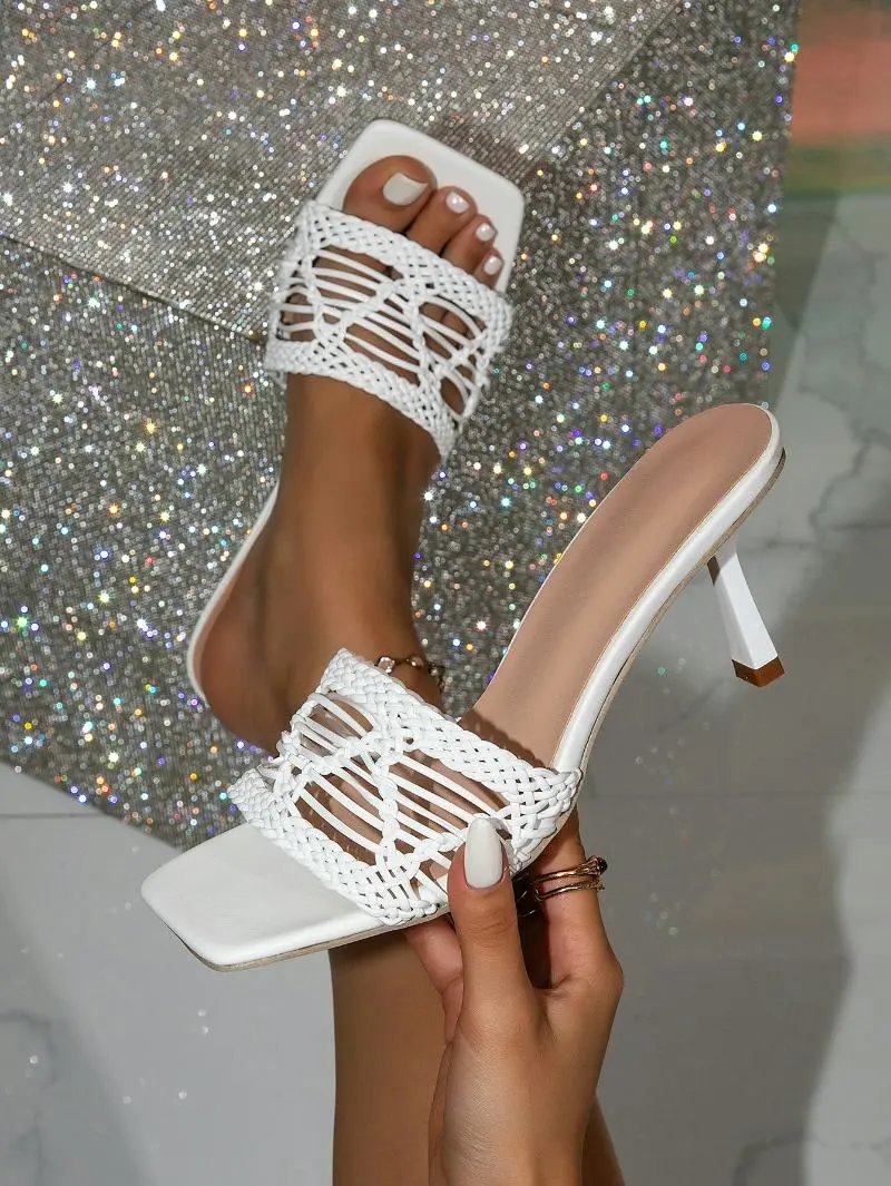 Design Silver Woven Mesh Mule Heels Sandals - 15