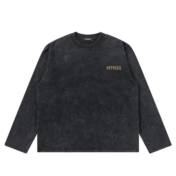 Design Long Sleeve Graphic Tee Black Washed Denim T-Shirt - 11