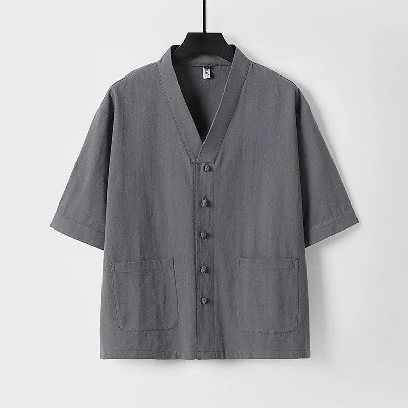 Design V-Neck Linen Button-Up Shirt Beige Tops.shirt - 5