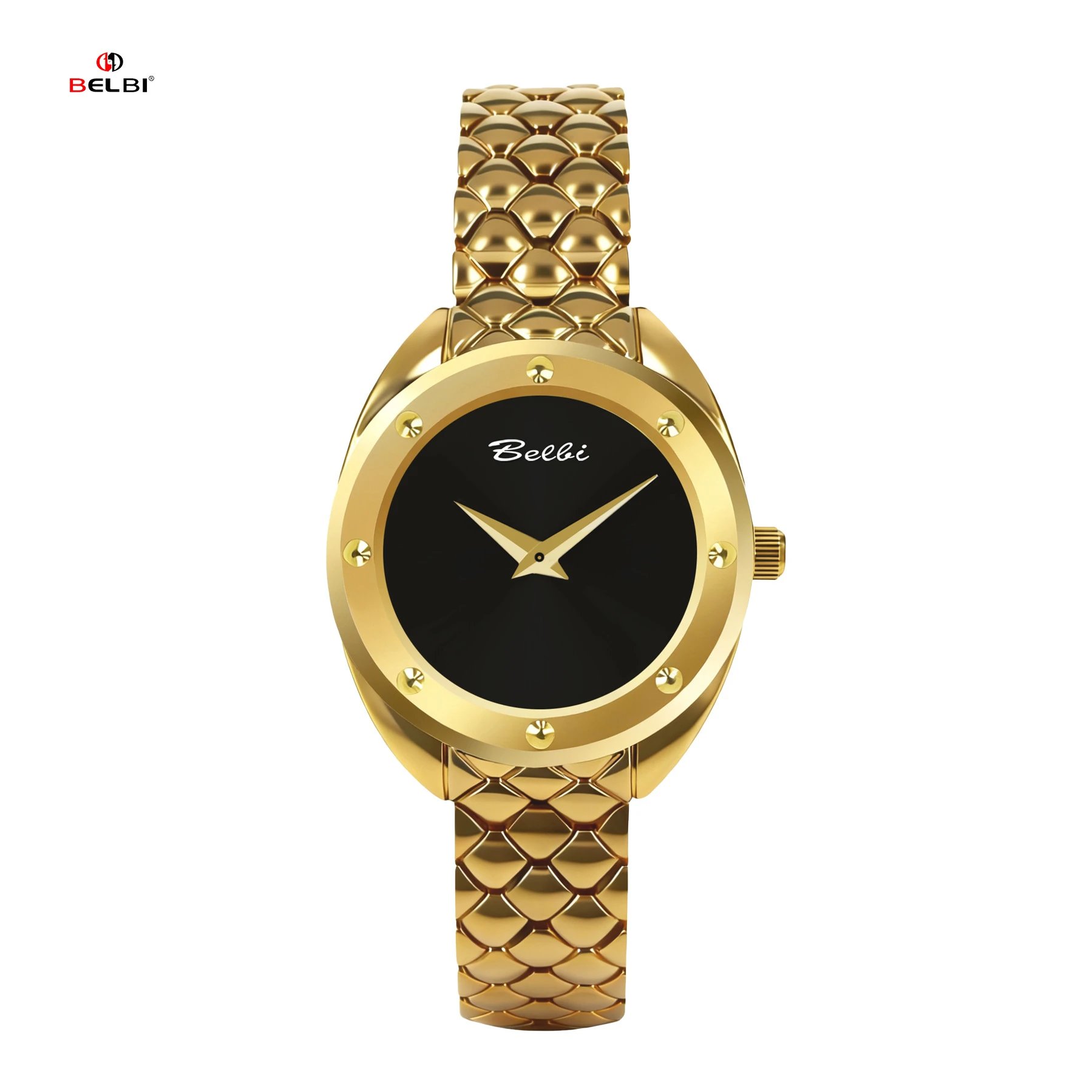 Belbi Gold-Tone Fish Scale Bracelet Watch Black Dial Watch