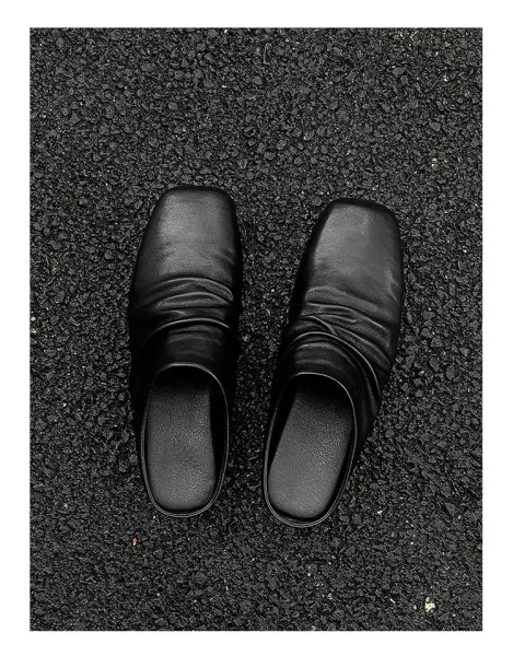 Design Square-Toe Leather Mule Black Shoes Slippers - 13