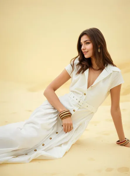 Bottega Veneta Shirt Dress in Off-White with Gold Buttons and Woven Clutch - 11