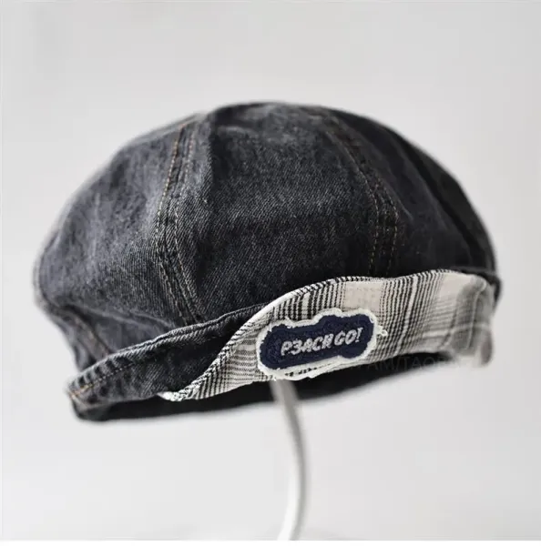 Design Denim Beret with Plaid Lining and Embroidered Logo Hat Hats - 13