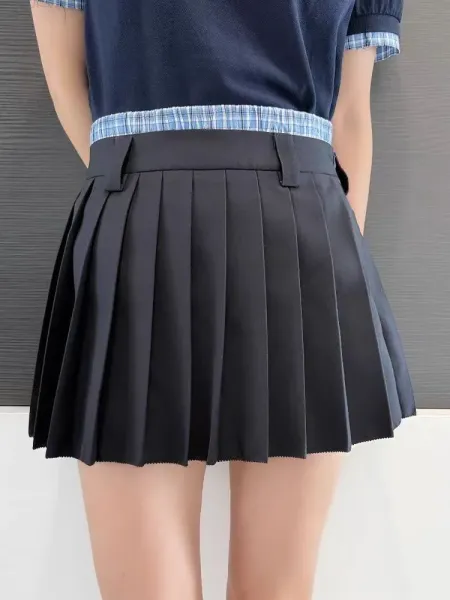 Design Pleated Skirt with Plaid Waistband Black Skirt - 6