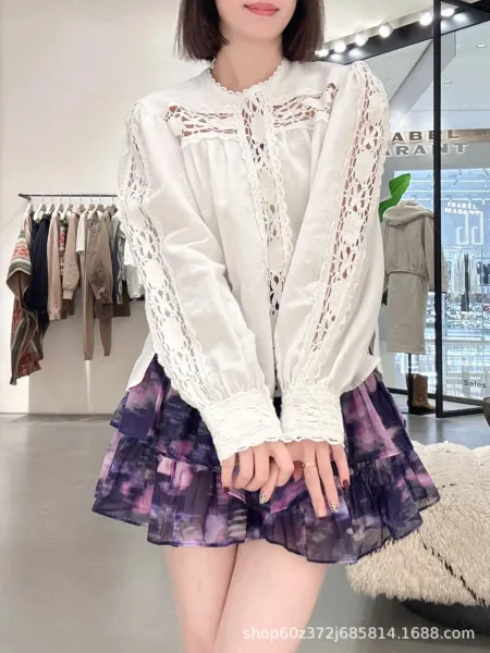 Design White Lace-Trimmed Blouse with Tiered Purple Floral Skirt Set Sets - 1