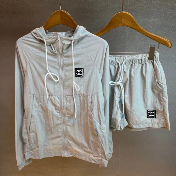 Chanel Logo Hooded Windbreaker and Shorts Set Light Gray - 1
