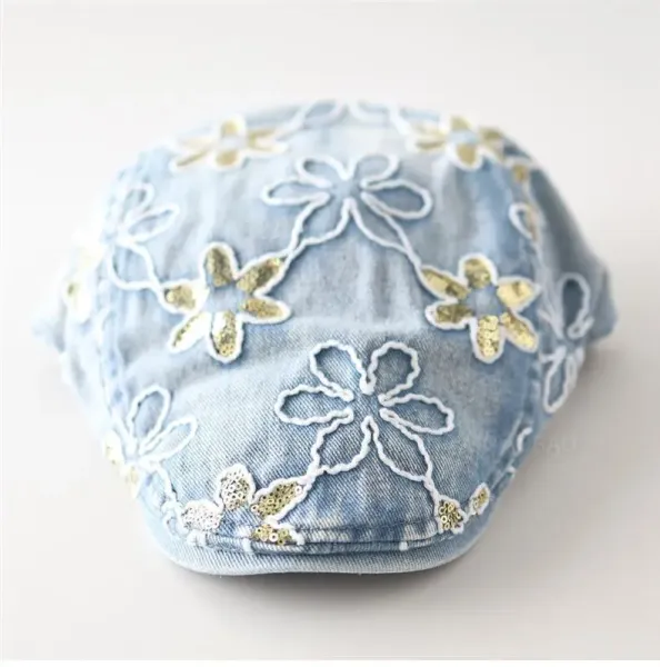 Design Floral Embroidered Denim Flat Cap Black Hats - 11