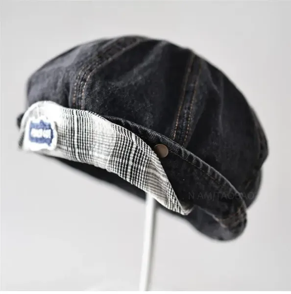 Design Denim Beret with Plaid Lining and Embroidered Logo Hat Hats - 14
