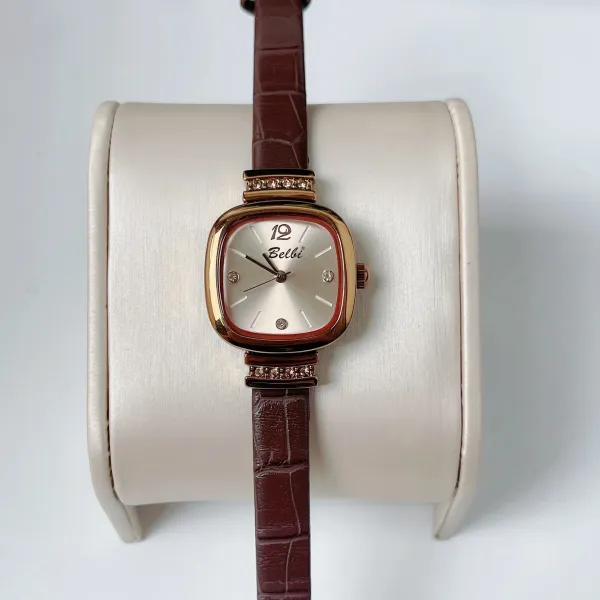 Design Belbi Square Dial Rose Gold Watch with Brown Leather Strap Watches - 2