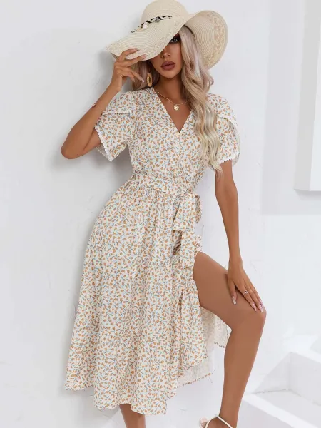 Design Floral Wrap Midi Dress Black White - 15