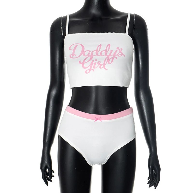 Design Daddy's Girl White Crop Top and Pink Trim Briefs Set Sets - 19