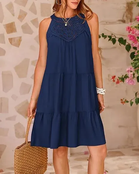 Design Black Lace-Trimmed Tiered Sleeveless Dress - 24