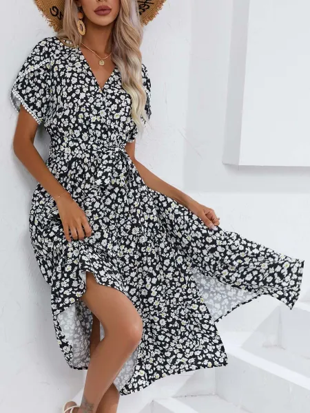 Design Floral Wrap Midi Dress Black White - 20