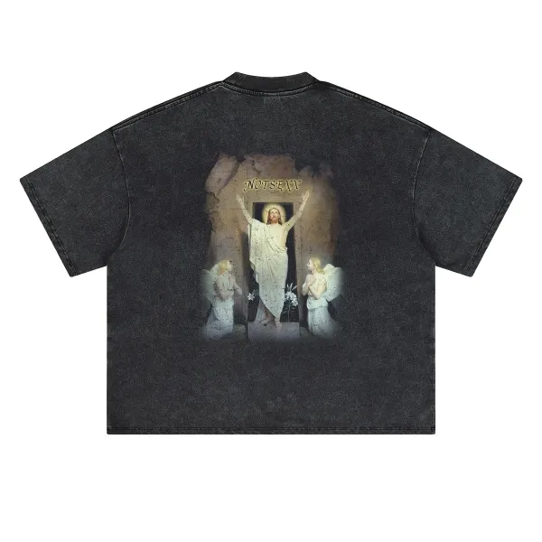 Design Cross Print Acid Wash Black Cropped T-Shirt - 14