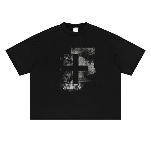 Design Cross Print Acid Wash Black Cropped T-Shirt - 17