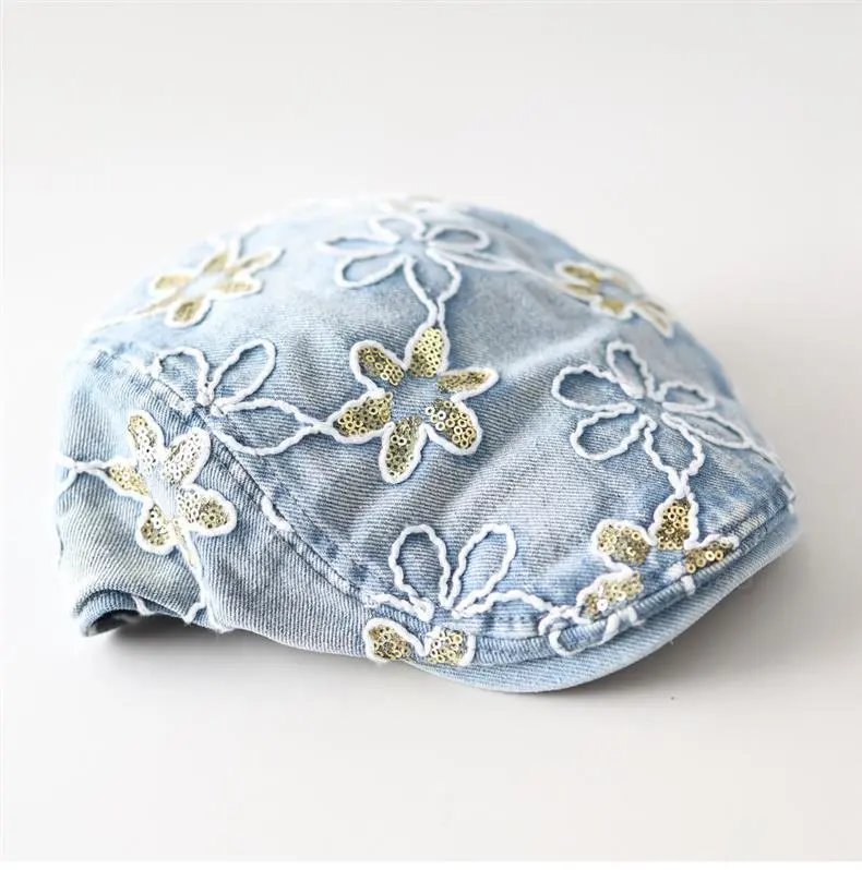 Design Floral Embroidered Denim Flat Cap Black Hats - 9