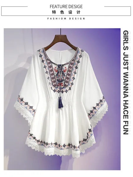 Design Boho Embroidered Lace Trim Tunic Top in Deep Purple Tops - 9