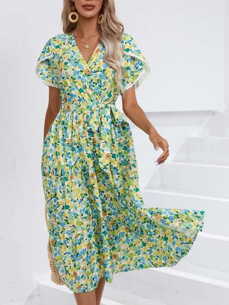 Design Floral Wrap Midi Dress Black White - 27