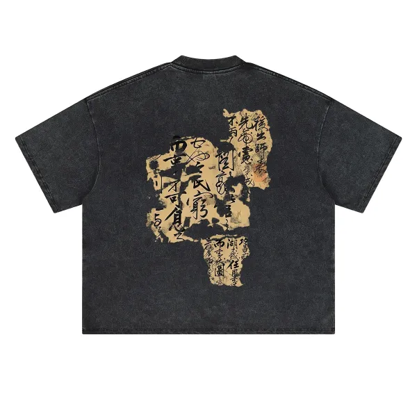 Design Long Sleeve Graphic Tee Black Washed Denim T-Shirt - 18