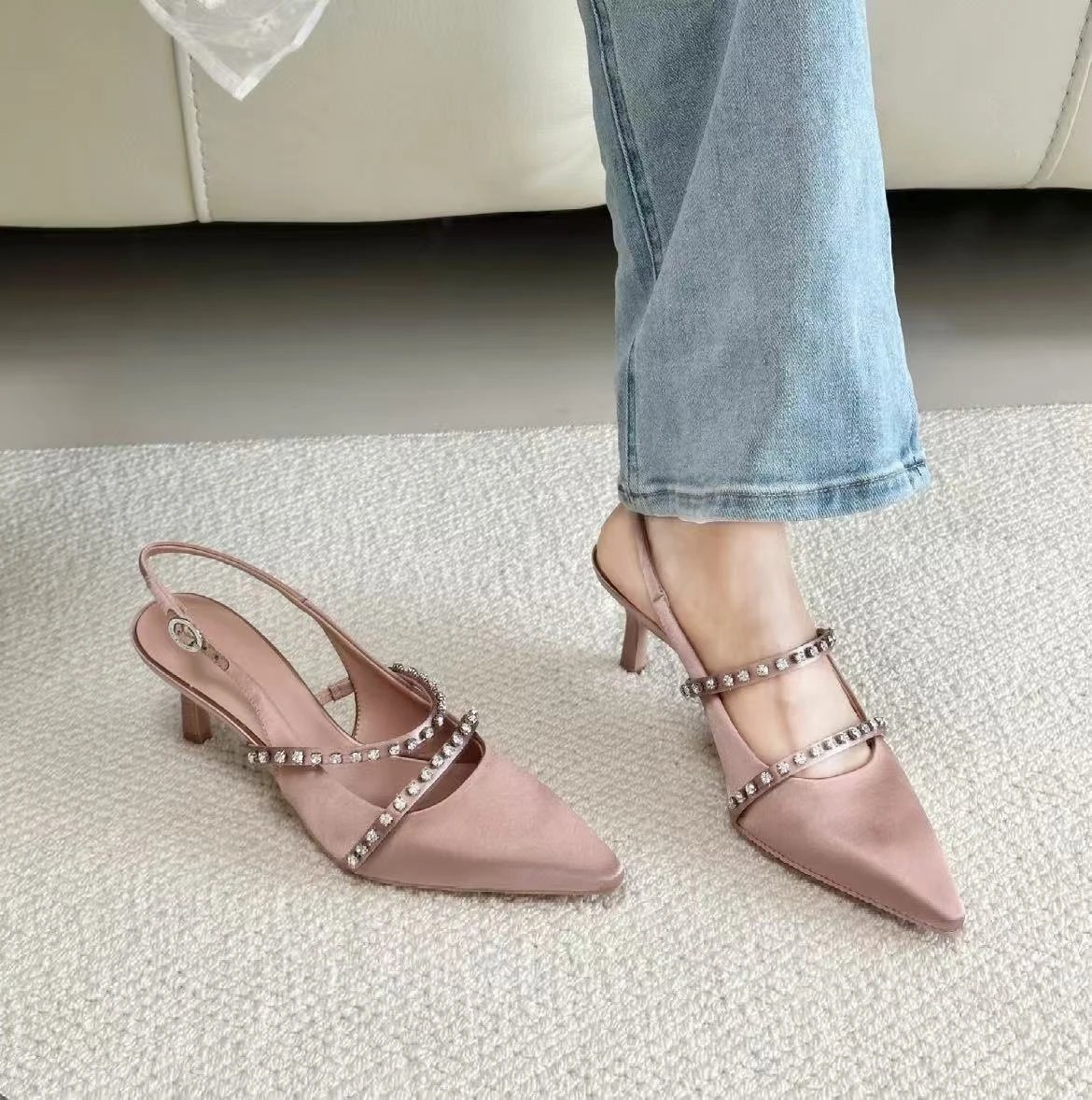 Design Slingback Mary Jane Heels with Crystal Straps Dusty Pink Heels - 8