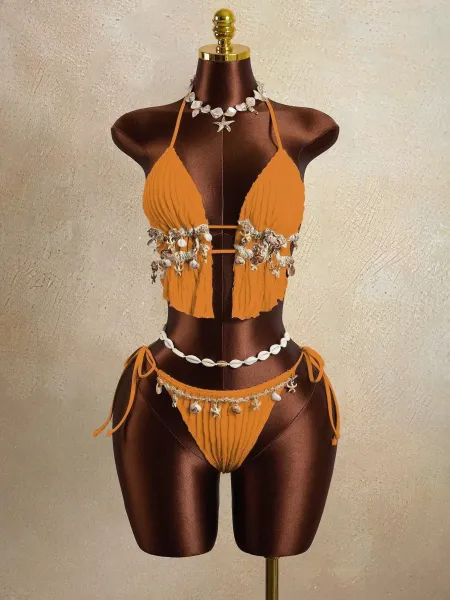 Design Seashell-Embellished Ribbed Pink Halter Bikini Set Swimwear - 14