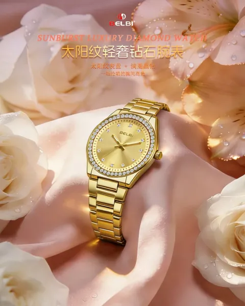 Design BELBI Crystal-Encrusted Black Dial Gold Watch Watches - 6